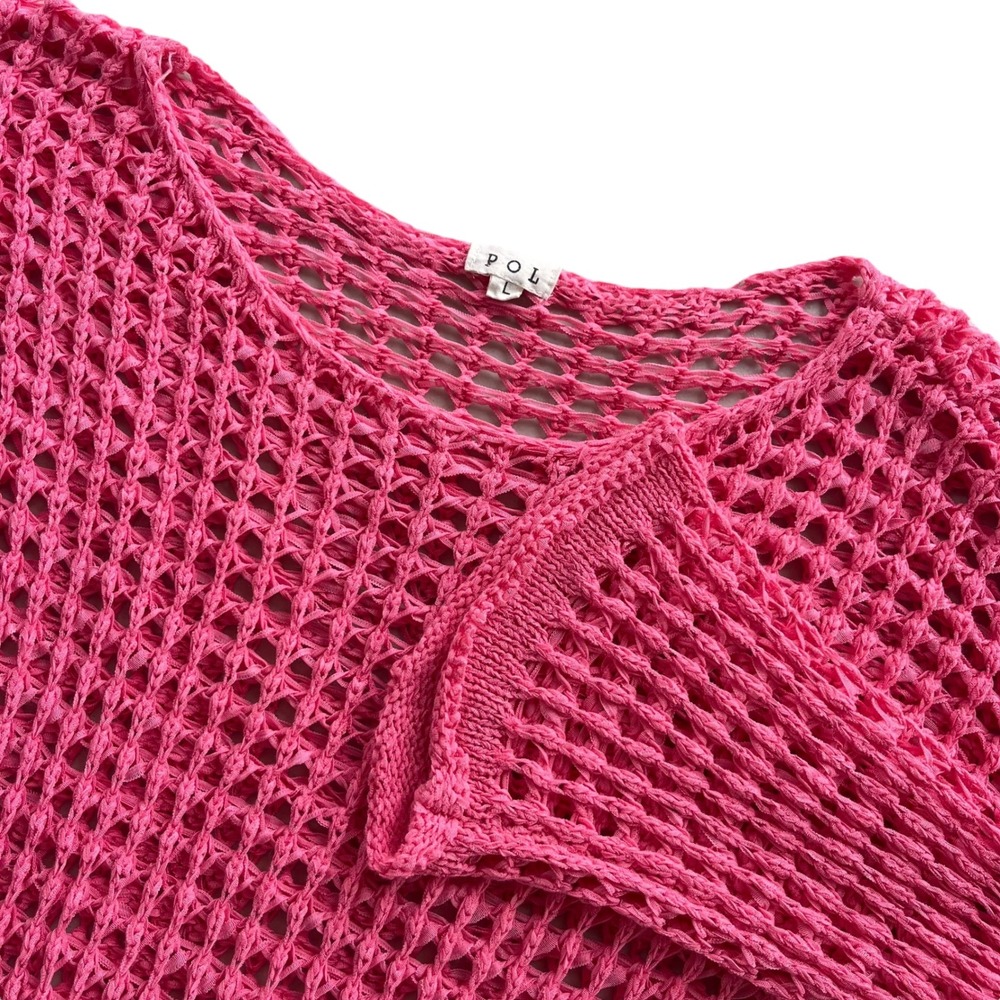 POL Women's L Pink Open Crochet Knit Tape Yarn Bell Sleeve Pullover Sweater Boho